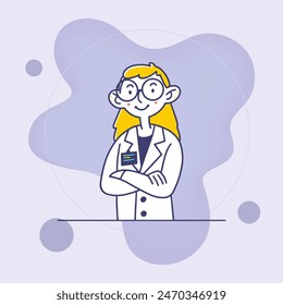 Female doctor in white coat and big glasses. Woman, medical practitioner, clinic flat vector illustration. Examination, healthcare, job concept for banner, website design or landing web page