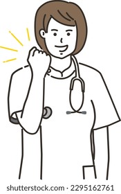 
A female doctor in a white coat doing a guts pose
