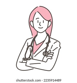 Female doctor in white coat with folded arms: concept of career change or medical practitioner [vector illustration].