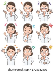 A Female Doctor In A White Coat.She Has Various Expressions.