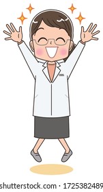 A female doctor in a white coat.She has positive emotions.