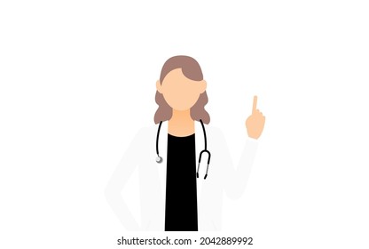 Female doctor in white coat holding up index finger - Pointing pose