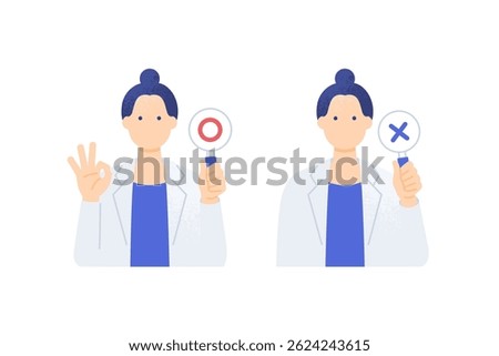 Female doctor in white coat holding decision sign . Vector illustration set.