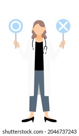 A female doctor in a white coat holds a crossed out stick in a pose of matching answers