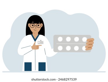 A female doctor in a white coat holds a large plate with pills. Vector flat illustration