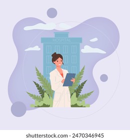 Female doctor in white coat. Hospital medical staff flat vector illustration. Occupation, clinic, consultation concept for banner, website design or landing web page