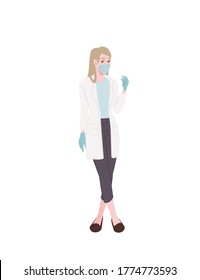Female doctor with white coat and medical mask cartoon character design flat vector illustration isolated on white background