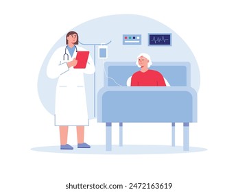 A female doctor in a white coat notes grandma's recovery in a hospital room, medical check-up. Character design. Vector flat illustration