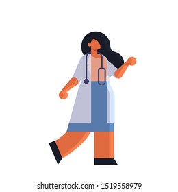 female doctor in white coat standing pose medicine healthcare concept hospital medical clinic worker with stethoscope full length white background flat