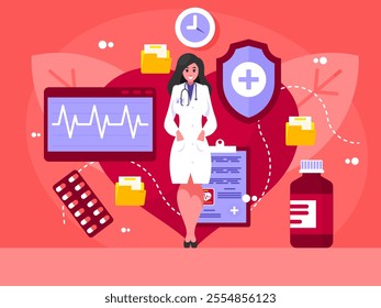 Female doctor in a white coat stands with a stethoscope. Medical specialist. Heart care concept. Medical diagnostic of the heart. Cardiology and circulatory system treatment. Vector graphics