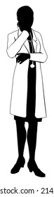 A Female Doctor With White Coat And Stethoscope In Silhouette With Hand On Chin In Thought