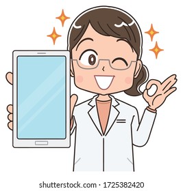 A female doctor in a white coat.She uses a smartphone.