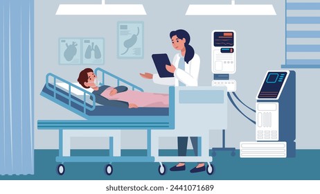 Eine Ärztin in weißem Kittel besucht einen männlichen Patienten, der sich in einem Krankenhausbett ausruht, um sich die Sorgen des Patienten anzuhören. Medizinischer Klinikraum mit Arzt und Patient. Medizin, Krankheitskonzept.