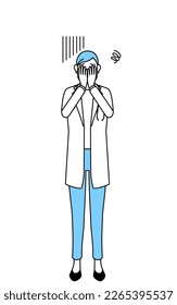 Female doctor in white coats with stethoscopes, senior, middle-aged veterans covering her face in depression.