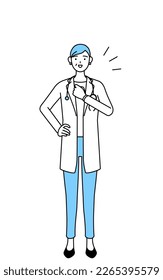 Female doctor in white coats with stethoscopes, senior, middle-aged veterans tapping her chest.