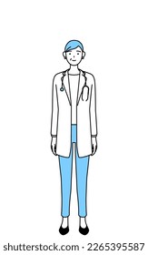 Female doctor in white coats with stethoscopes, senior, middle-aged veterans, standing