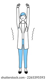 Female doctor in white coats with stethoscopes, senior, middle-aged veterans stretching and standing tall.