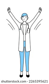 Female doctor in white coats with stethoscopes, senior, middle-aged veterans doing radio calisthenics, preparation for accident prevention