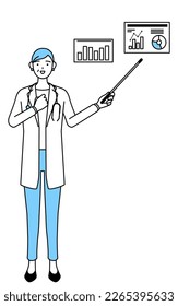 Female doctor in white coats with stethoscopes, senior, middle-aged veterans analyzing a performance graph.