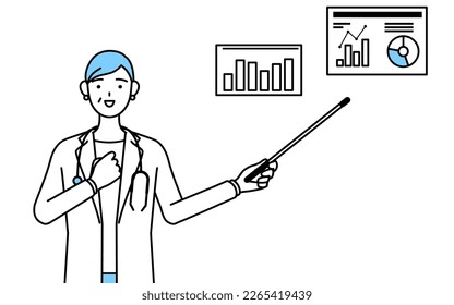 Female doctor in white coats with stethoscopes, senior, middle-aged veterans analyzing a performance graph.