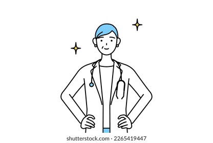 Female doctor in white coats with stethoscopes, senior, middle-aged veterans with her hands on her hips.