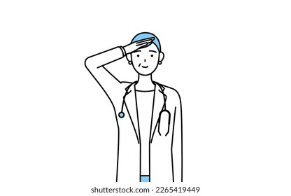 Female doctor in white coats with stethoscopes, senior, middle-aged veterans making a salute.
