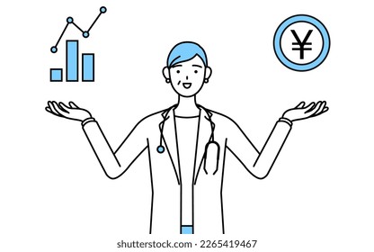 Female doctor in white coats with stethoscopes, senior, middle-aged veterans guiding an image of DX, performance and sales improvement.