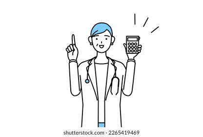 Female doctor in white coats with stethoscopes, senior, middle-aged veterans holding a calculator and pointing.