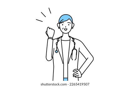 Female doctor in white coats with stethoscopes, senior, middle-aged veterans posing with guts.