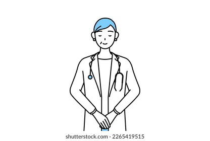 Female doctor in white coats with stethoscopes, senior, middle-aged veterans bowing with folded hands.