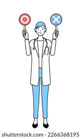 Female doctor in white coats with stethoscopes, senior, middle-aged veterans holding a stick indicating correct and incorrect answers.