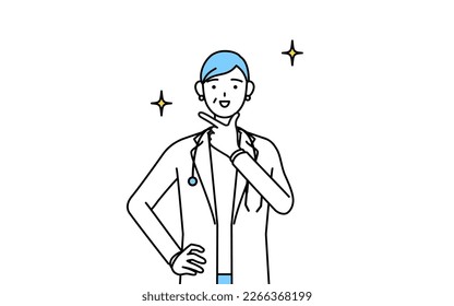 Female doctor in white coats with stethoscopes, senior, middle-aged veterans in a confident pose.
