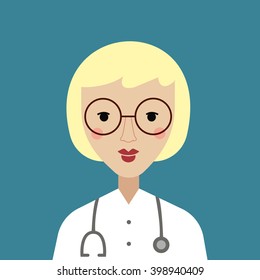 Female doctor in white gown, glasses and stethoscope. Cartoon vector illustration. Isolated on blue background. Positive character illustration.