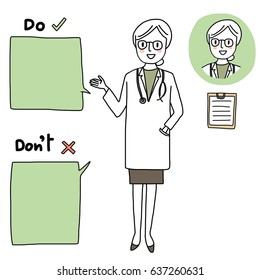 Female doctor in a white lab coat with one hand in pocket explaining and pointing the DO and the DON'T for well-being. Doctor icon and clipboard included. Vector illustration with hand-drawn style.