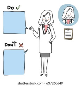 Female doctor in a white lab coat with one hand in pocket explaining and pointing the DO and the DON'T for well-being. Doctor icon and clipboard included. Vector illustration with hand-drawn style.