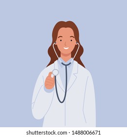 Female doctor in white medical coats with a stethoscope. Vector illustration in a flat style