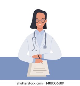 Female doctor in white medical coats writing a medical report. Vector illustration in a flat style