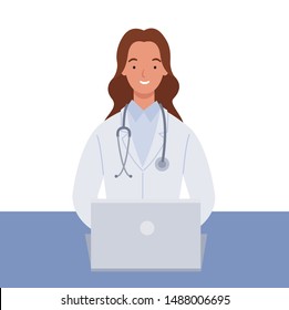 Female doctor in white medical coats working with her laptop computer. Vector illustration in a flat style