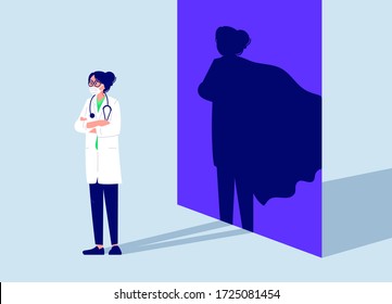 Female DOCTOR in white medical face mask fight against viruses. Hero hospital worker in a cape for web design. Thank you frontline heroes for fighting the coronavirus. Vector illustration of doctors.