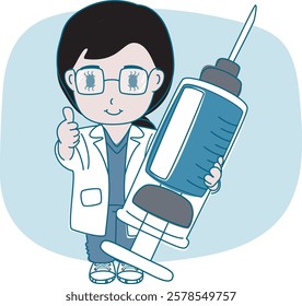 Female doctor in white medical uniform hold syringe. Medicine and healthcare. Vector illustration. cute doctor. Female doctor glasses.