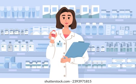 Female doctor in white suit standing near pharmacy collection with clipboard. Various drugs and pills. Health care. Hospital or clinic drugstore interior. Pharmaceutical business. Vector illustration