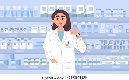 Doctora con traje blanco cerca de la farmacia con el pulgar arriba. Diversas drogas y pastillas. Atención de la salud. Interior de hospital o clínica de farmacia. Negocios farmacéuticos. Ilustración del vector