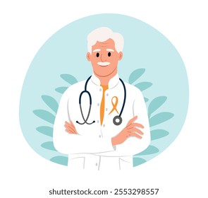 Una doctora con un uniforme blanco con una cinta naranja de conciencia. Día Mundial de la Esclerosis Múltiple. Ilustración vectorial en estilo plano