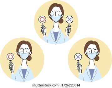 a female doctor who has correct and incorrect tags / wearing a surgical mask