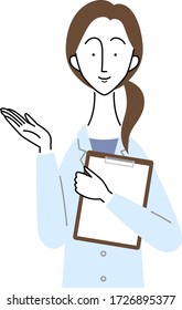 a female doctor who holds binder / guidance gesture