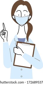 a female doctor who is wearing a surgical mask and holding a binder / pointing gesture