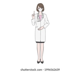 A female doctor who wears a mask and raises her index finger