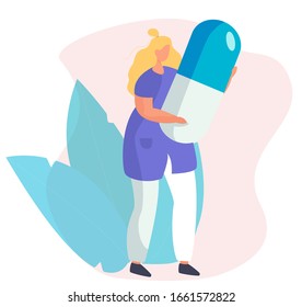 Female Doctor with Сapsule. Doctor Woman in Medical Outfit is holding Pill in the hospital. Medical Aid. Social Worker Care. Pink background with 
Plants. Flat Vector Illustration