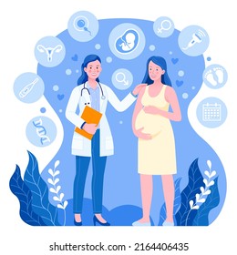 Female doctor woman with pregnant woman. Vector flat illustration.