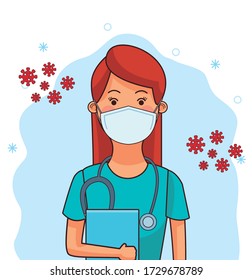 female doctor worker profession using face mask vector illustration design